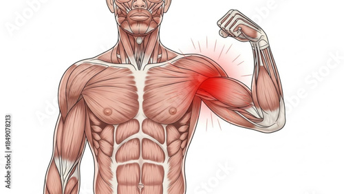 Muscular man with red highlighted pain on bicep muscle