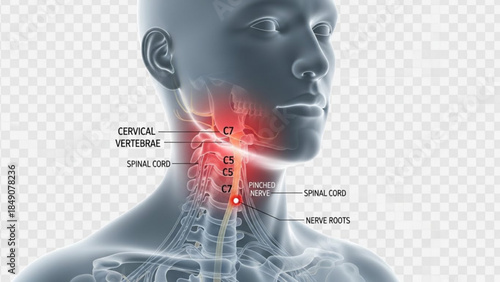 Medical illustration of a human head and neck with highlighted cervical vertebrae and spinal cord anatomy in red