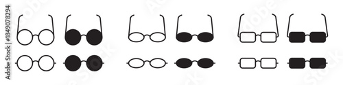 Various glasses icon set, featuring different frame styles and lens shapes, ideal for fashion, accessories, and eyewear design concepts