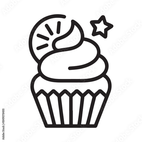 A simple black and white line drawing of a decorated cupcake and star
