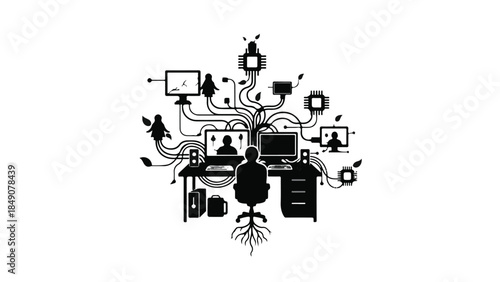 Creative brainstorming mind map concept with connected devices and objects, symbolizing innovative thinking and problem solving in modern digital age