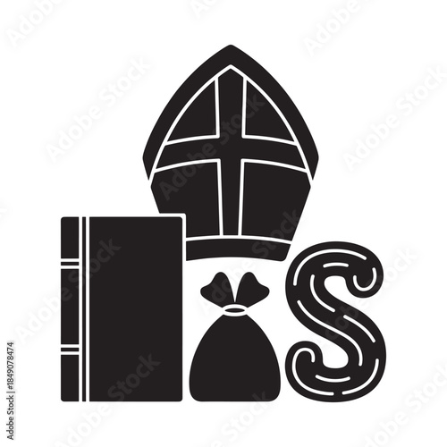 A black and white image depicting a bishop s mitre book and bag