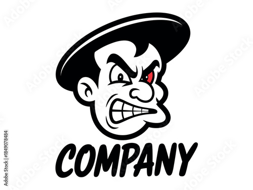 Cartoon Angry Man Company Logo with Red Eye and Black Hat Illustration