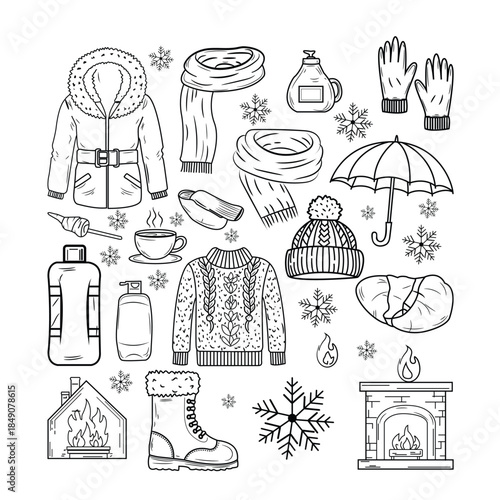 Collection of hand drawn winter season icons featuring warm clothing cozy fireplace and snowflakes in doodle line art style