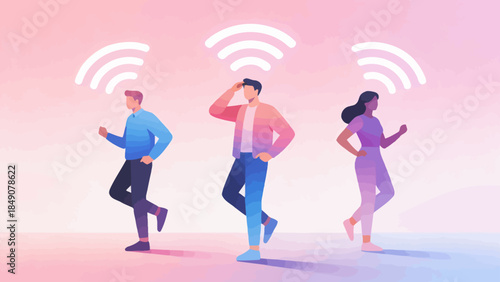 Three people running with wireless signals above heads