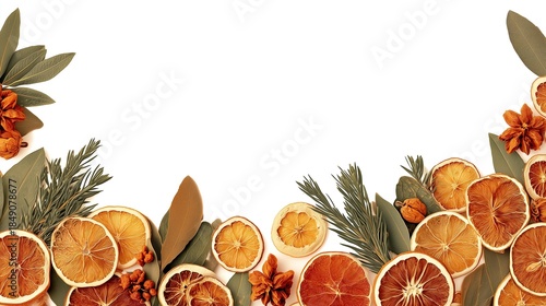 Colorful dried citrus and herbal arrangement with empty white background