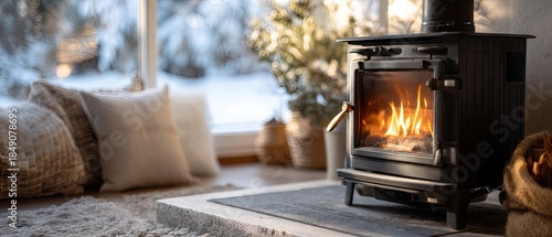Modern house interior with stove by large window showing winter landscape and warm fire scene