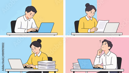 Four people working at desks with laptops