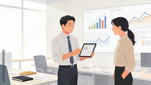 Office workers discussing data on tablet
