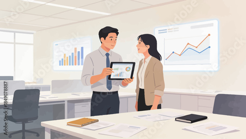 Office workers discussing data on tablet