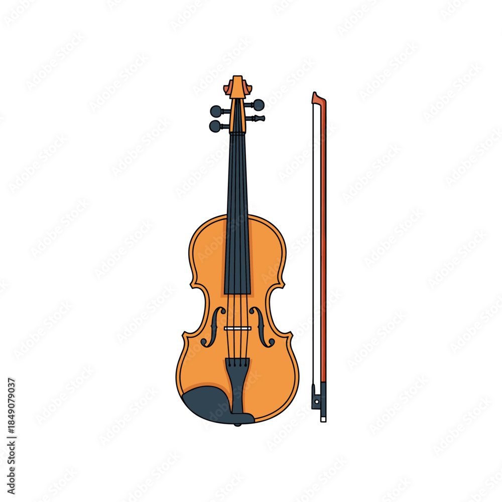 Fototapeta premium Detailed illustration of a classical violin and its bow on white background.