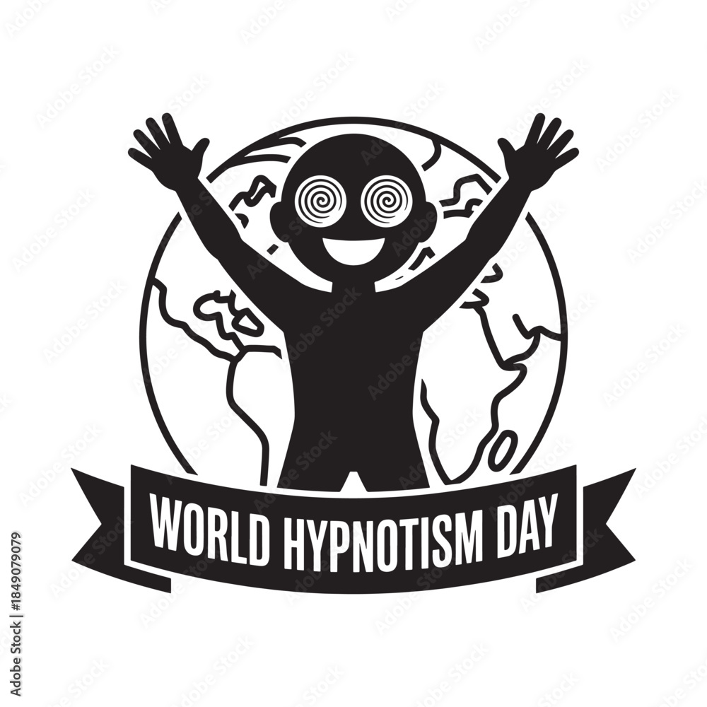 Obraz premium Black and white graphic of a hypnotized figure with a world backdrop