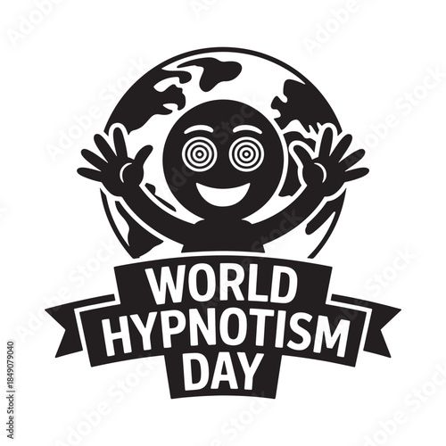 A smiling face embracing the earth with a world hypnotism day banner