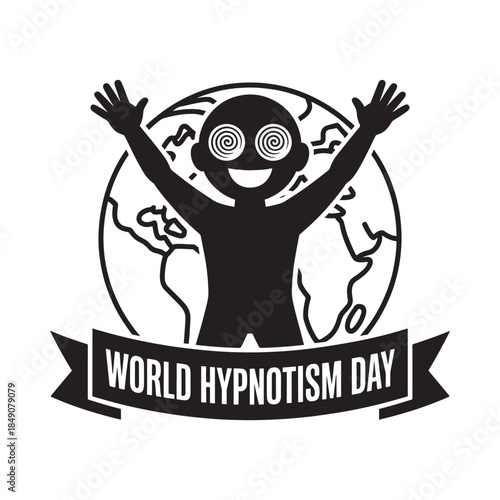 Black and white graphic of a hypnotized figure with a world backdrop