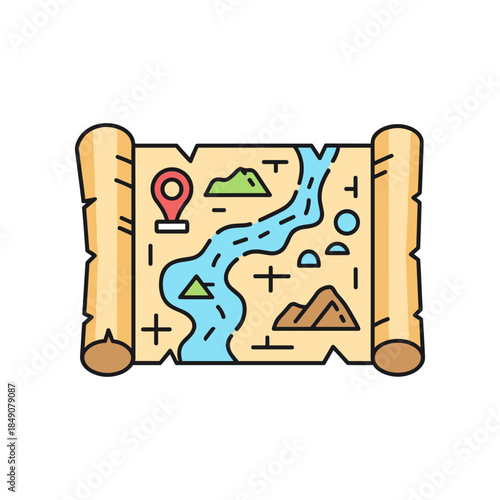 Detailed illustration of an old treasure map with a winding river and landmarks.