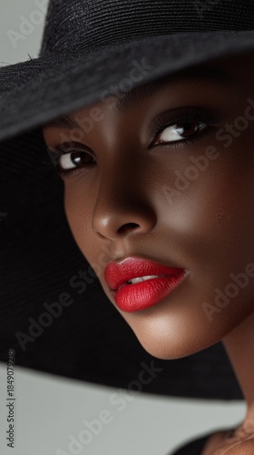 Close-up of Beautiful Woman Wearing Large Black Hat With Red Lipstick