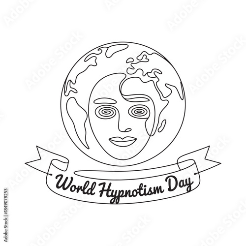 Line art illustration of a face within a globe for world hypnosis day