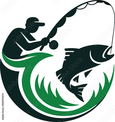 Fisherman reeling in jumping fish with green wave graphic fishing