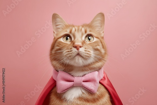 Ginger Cat Wearing a Pink Bow Tie and Cape Poses Against a Solid Pink Background
