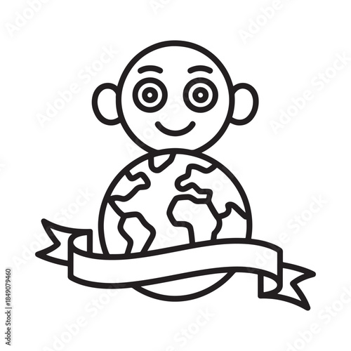 A cheerful cartoon child hugging the earth with a ribbon banner