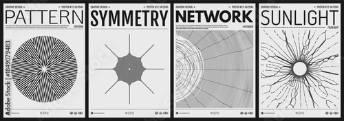Small particles on radial lines diverge from the centre. Solar radiation. Cobweb. Grid. Science or technology background. Cover design template. Black and white. Vector illustration.