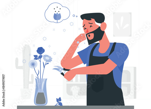 Man in apron trimming flowers with pruning shears vase des