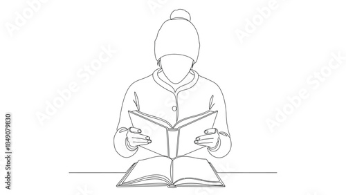 Person wearing a winter hat reading open book line art