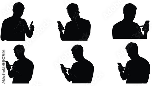 Six black silhouettes of a man using a smartphone in various poses