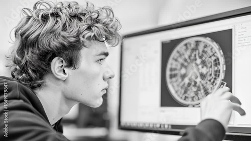 Young man with curly hair focused working computer monitor black and white modern office, analyzing digital data and technical diagrams, technology driven workspace, thoughtful concentration