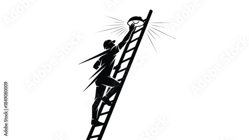 Electrician climbing a ladder to repair a glowing street light icon