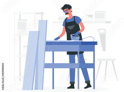Man in black apron using electric sander on blue workbench with wood planks worker carpenter
