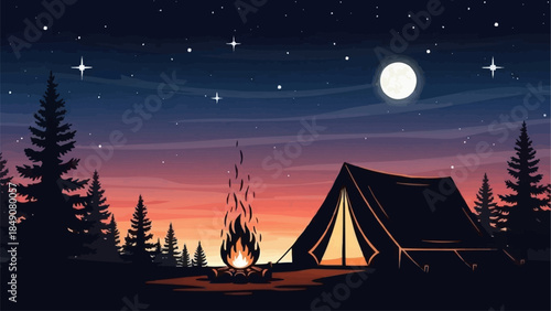 Cozy Tent and Campfire Under a Starry Night Sky.