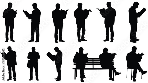 Collection of male silhouettes reading books and newspapers in various poses