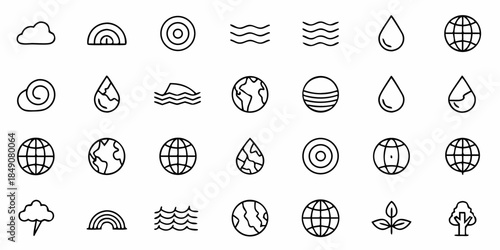 Environmental Icons Set: Earth, Water, Weather, and Eco-Friendly Symbols for Sustainable Design