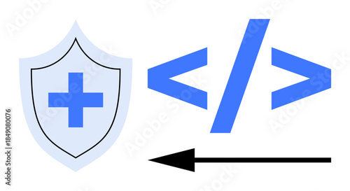 Cybersecurity concept. Cybersecurity illustrated with a shield data protection alongside coding symbols. Cybersecurity in programming ensures secure data flow. For IT, tech education, software