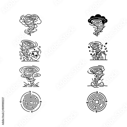 A Powerful Weather Tornado Icon Symbol, Showcasing Storm and Natural Disaster Movement in a Flat Design Minimalist Vector for Climate Emergency Success Danger Force Atmosphere Vortex.