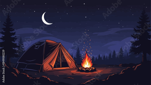 Cozy Tent and Campfire Under a Starry Night Sky.