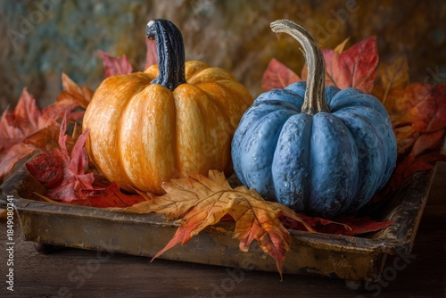 Two Colorful Pumpkins and Autumn Leaves Arranged in Rustic Wooden Tray