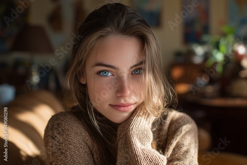 Portrait of a Beautiful Woman With Blue Eyes Resting Her Chin on Her Hand Ind...