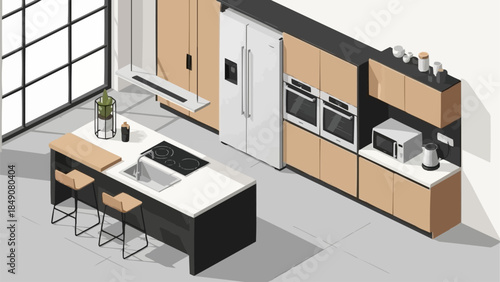 Modern Kitchen Island with Integrated Appliances and Seating.