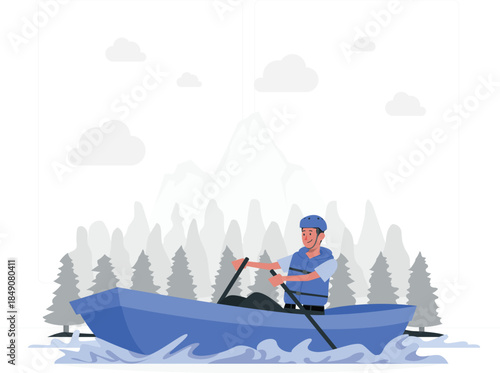 Man in blue boat paddling through water with trees and mountain background desi