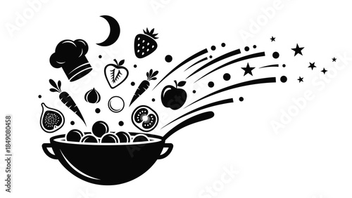 Cooking ingredients flying out of a wok with stars and a moon