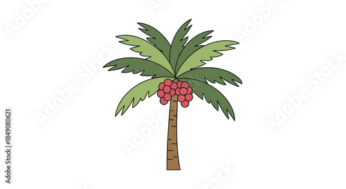 Simple cartoon illustration of a tropical palm tree with a full bunch of red fruit growing under its large green leaves.