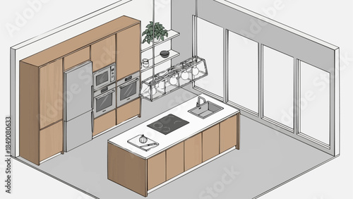 Modern Kitchen Island with Integrated Appliances and Sleek Cabinetry.