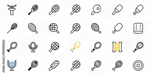 Various Tennis Racket and Badminton Icons in Black and Yellow on White Background