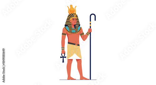 Full-length illustration of an ancient Egyptian pharaoh wearing a traditional headdress and holding an ankh and a staff.