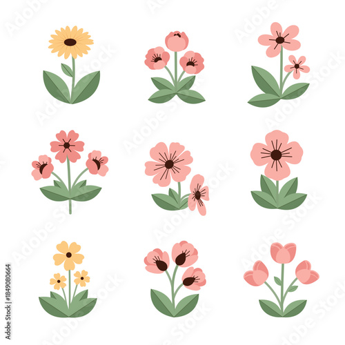 Set of Minimalist Flat Design Flower. Cute Spring Botanical Vector Illustrations Isolated on White Background