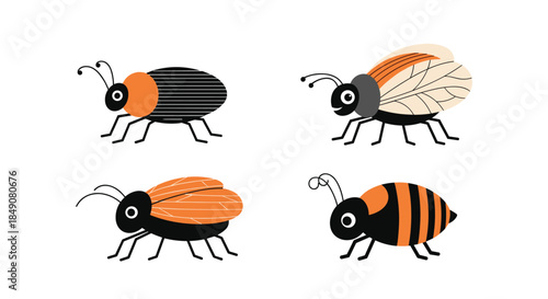 Collection of four cute and stylized cartoon insects, including a bee and various beetles, in a simple modern art style.