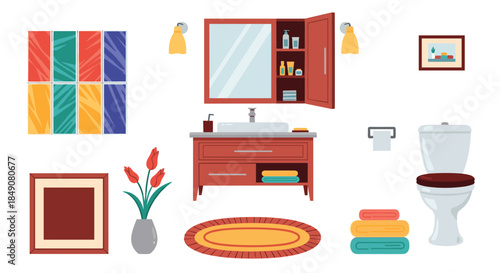 A comprehensive set of modern bathroom furniture and accessories, including a vanity, toilet, mirror, rug, and towels for interior design.