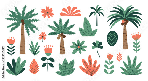 A vibrant collection of stylized tropical plants, including various palm trees with coconuts, exotic flowers, and lush green leaves for jungle designs.